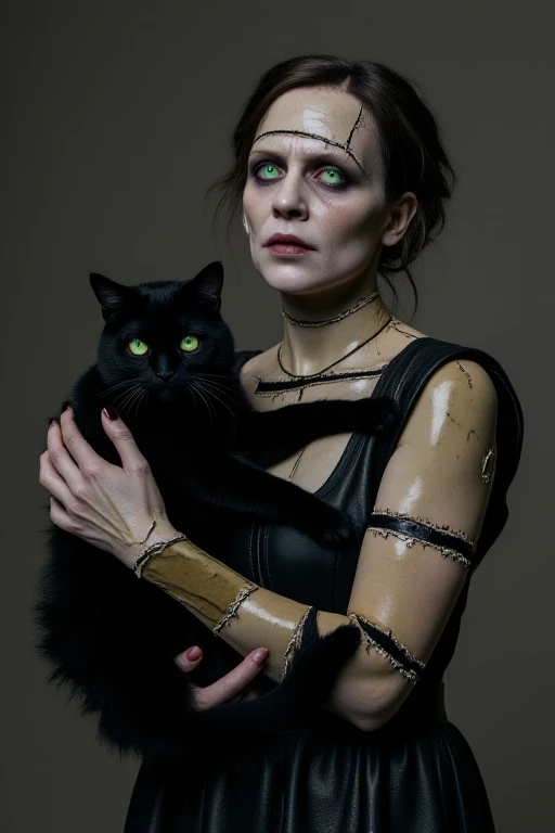a photo of a woman with frankenstein skin holding a black cat