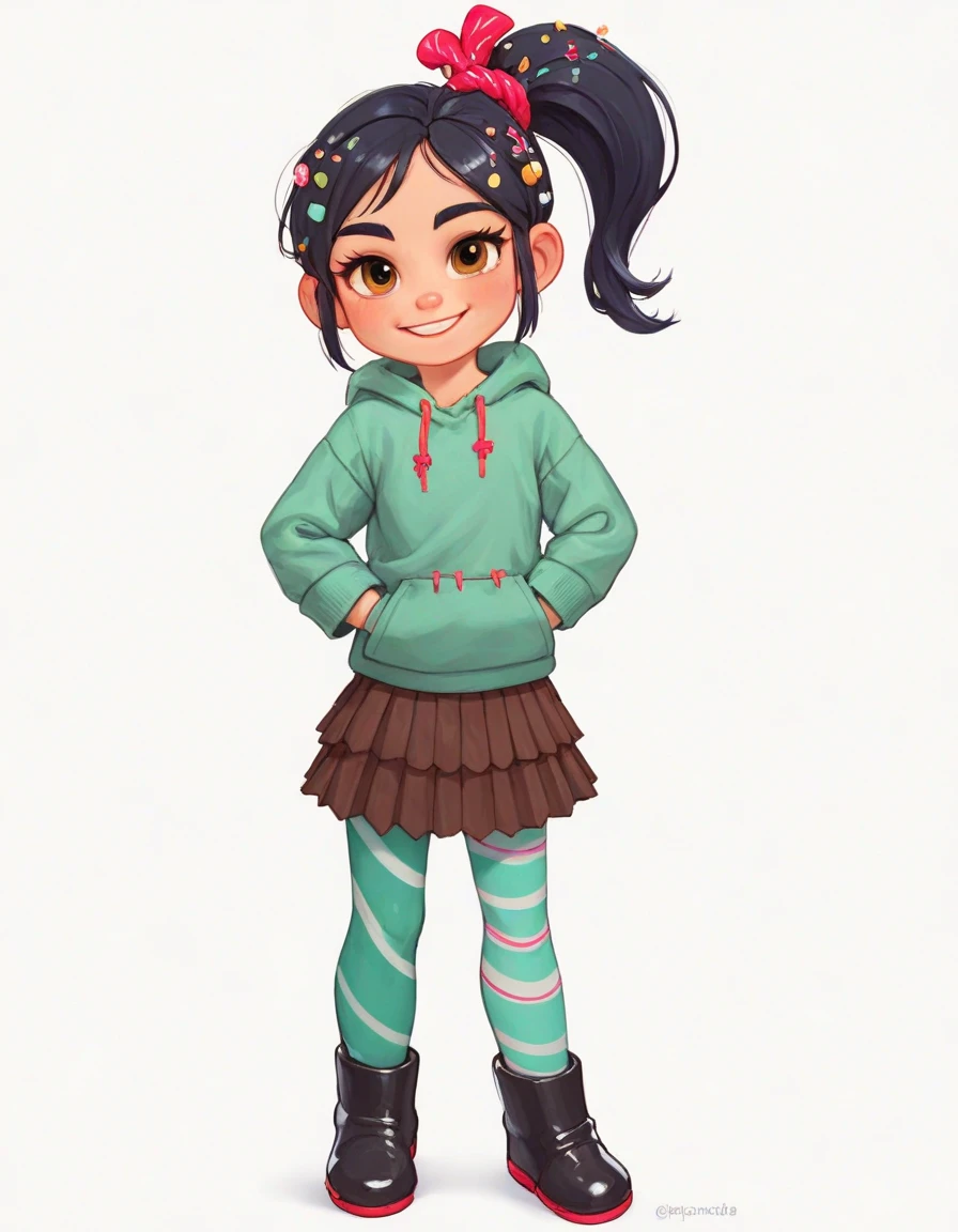 embedding:zPDXL3, rating_safe, source_cartoon, score_9, score_8_up, score_7_up,

white background, simple background, full body, 1girl, solo, standing, looking at viewer, smile,

vane11op3, black hair, ponytail, hair ornament, brown eyes, green hoodie, pleated skirt, striped pantyhose, black footwear