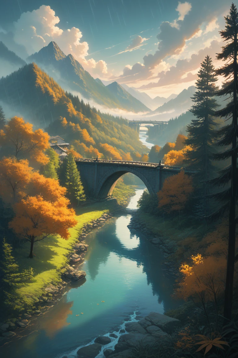 score_9, score_8_up, score_7_up, source_anime, rating_safe, day, natural lighting, raining, fog, mist, fantasy, bridge focus, CandiBRIDGE, no humans, mountain, water, river, forest, bridge, tall trees, leaf, from above, negative space, scenery, intricately detailed illustration, depth of field, atmospheric perspective, realistic shading, orange theme, monochrome, selective coloring