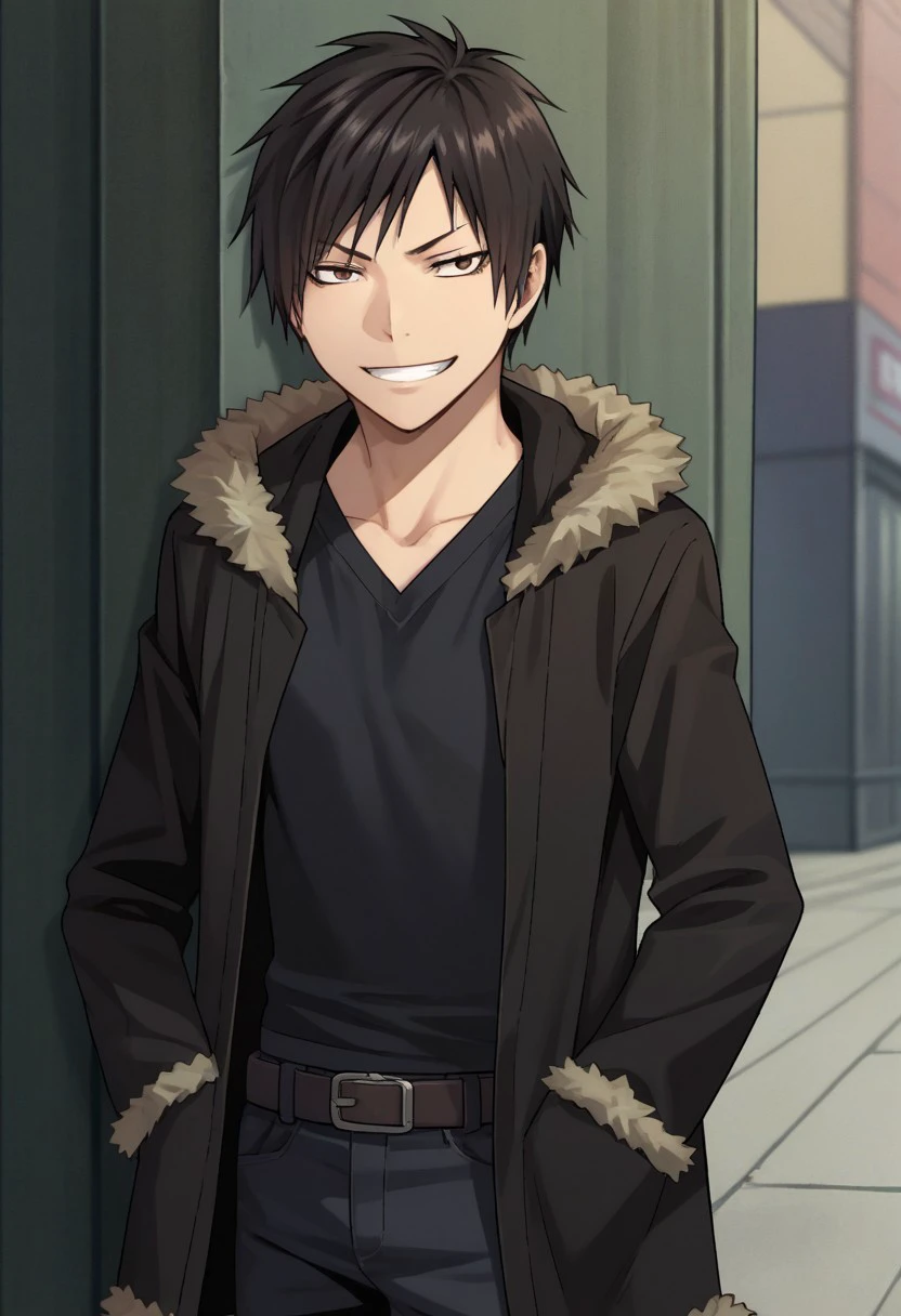 score_9, score_8_up, score_7_up, source_anime, highly detailed, 
izaya, 1boy, male focus, solo, black hair, short hair, brown eyes, jacket, fur trim, hood, open jacket, open clothes, shirt, black shirt, belt, pants, grin, hands in pockets,
outdoor,