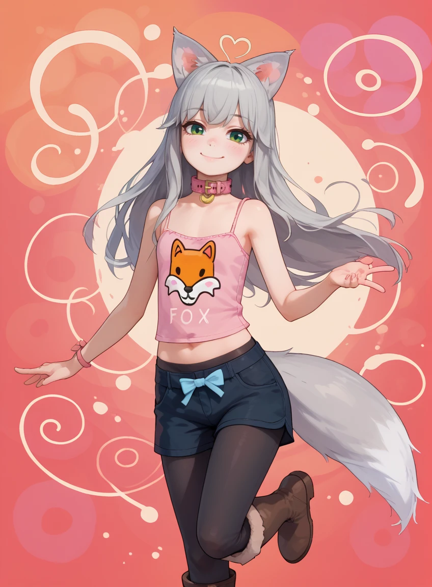 score_9, score_8_up, score_7_up,  (abstract:2) (abstract background) animal ears, grey hair, long hair (hidden ears) tail, green eyes, collar, small breasts, flat chest, pink camisole, midriff, navel, shorts, black pantyhose, boots, brown boots <lora:KitLora:0.8> smile, happy,