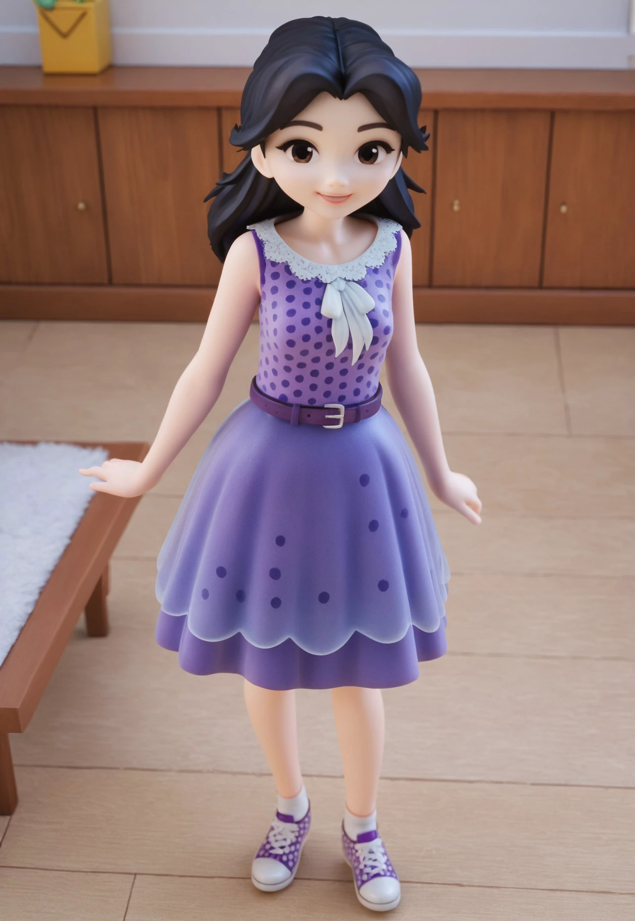 safe_pos, (zPDXL3) source_cartoon, solo, 1girl, emma_lego, black hair, long hair, black eyes, polka dot dress, purple dress, sleeveless, belt, shoes, indoors, art gallery, sexy, dynamic angle, looking at viewer, smiling,