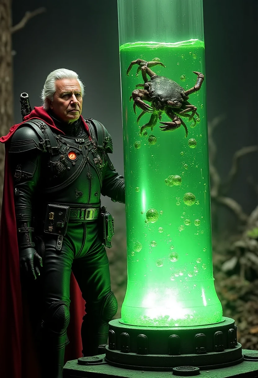 Imagine an ultra-realistic, high-definition image of David Attenborough wearing black power armor and a red robe, studying an terrifying crab-like alien creature which is encapsulated in a huge glass tubed filled with glowing green liquid