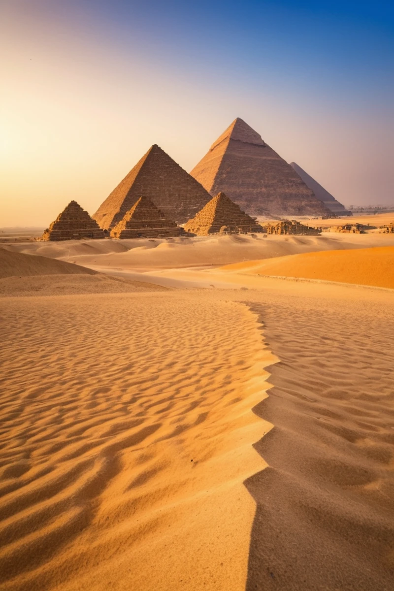 Egyptian desert, sand, rock, great pyramids, fine pyramids, smooth pyramids, sky sunset, sunrise ,waterfall, ethereal landscapes, depth of field