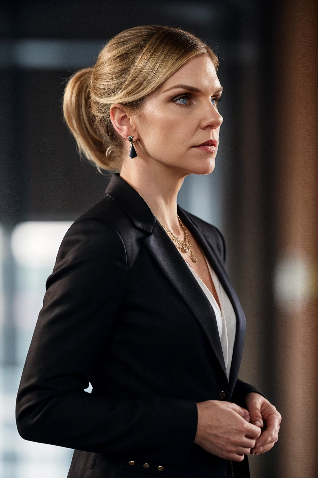 rheaseehorn, woman, blue eyes, blonde hair, shirt, jewelry, jacket, white shirt, upper body, earrings, indoors, necklace, blurry, black jacket, blurry background, formal, suit, hair tied back, ponytail,
highly detailed, ultra-realistic, cinematic, 
 <lora:RheaSeehorn_SD_v1:0.8>