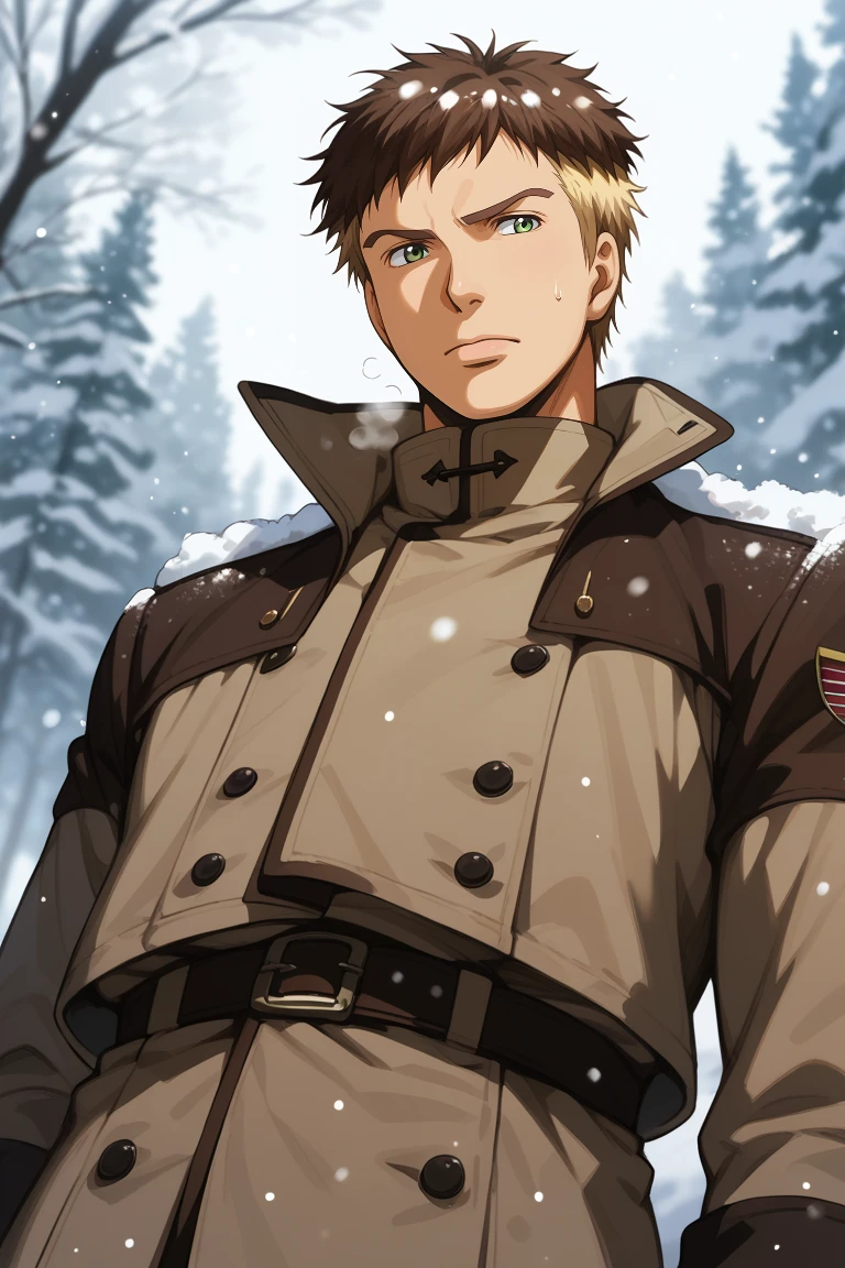 score_9, score_8_up, score_7_up, source_anime, rating_questionable, day, snowing, snow, winter, natural lighting, male focus, looking away, heavy breathing, leaning back, TerasakaAC, brown-blonde_Terasaka_two-tone short hair, green_Terasaka_eyes, fur trim, jacket, military uniform, long sleeves, gloves, sweatdrop, closed mouth, head tilt, 1boy, blurry outdoors forest, tree, from below, dutch angle, intricately detailed illustration, atmospheric perspective, depth of field, realistic shading,
