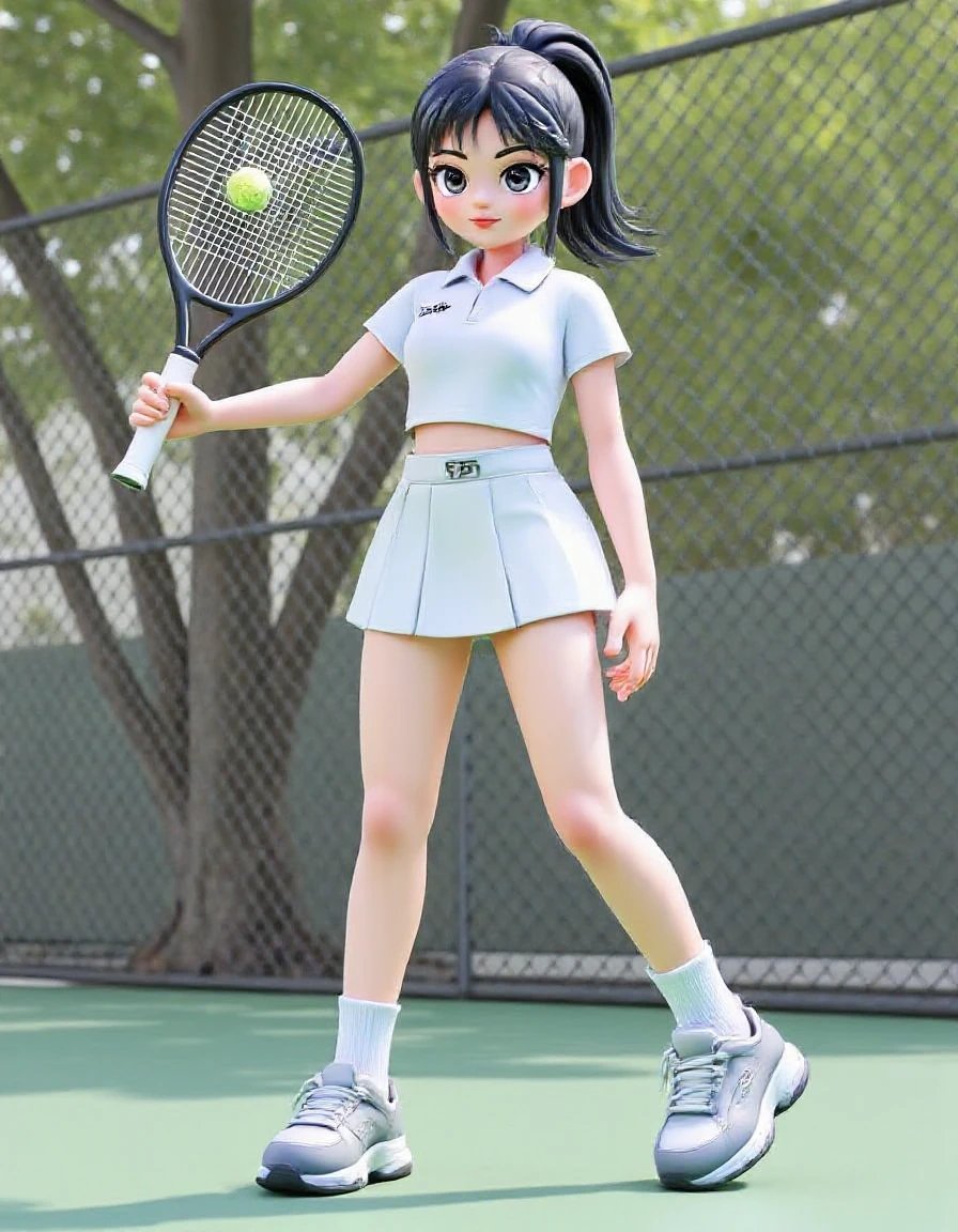 1girl, racket, tennis racket, tennis ball, solo, tennis uniform, ball, black hair, sportswear, sneakers, tree, chain-link fence, shoes, fence, outdoors, skirt, ponytail, realisticï¼<lora:fasion:0.8>