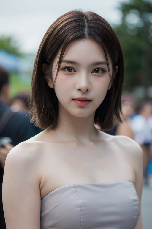 masterpiece, best quality, ultra-detailed, ultra high res, (photorealistic:1.4), raw photo, (realistic:0.2), 8k HDR, realistic cool temperature lighting, (asian:0.2), 1girl, solo, asymmetrical hair, outdoor, day, (simple gray background:1.2), bokeh, (detailed lips), (detailed pores), (detailed skin textures), (detailed face:1.2), (upper body:1.2), a woman in a white strapless tube dress, promotional image, a character portrait,