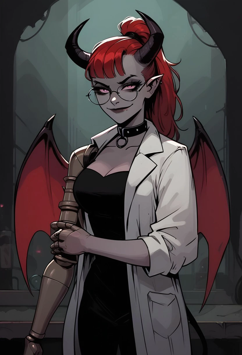 score_9, score_8_up, score_7_up, pureerosface_v1 BREAK, ((1 girl, grey skin, goth, goth girl, goth makeup, grey colored skin, red hair, demon girl, succubus, horns, wings, bat wings, demon wings, red wings, lab coat, coat, single mechanical arm, glasses, round glasses, ponytail, high taied ponytail, side bangs, Oneprostethicarm, pink eyes, smug, smile, closed mouth, amputee, prosthesis, prosthetic arm, medium breasts, collar on her palms, collar, holding, ))