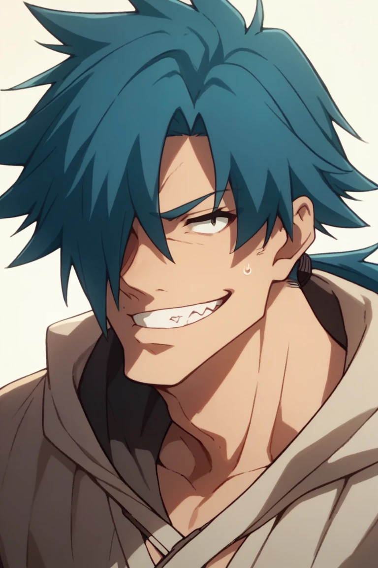 score_9, score_8_up, score_7_up, score_6_up, smooth coloring, 1man, solo, kinji,blue hair,hair over one eye,ponytail, high collar, grin, close-up