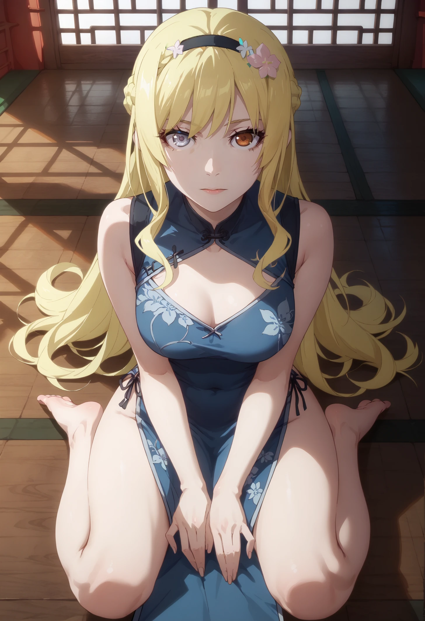 score_9, score_8_up,
1girl, <lora:Acerola_OffSeason_PDXL:0.9>, 1girl, offacerola, blonde hair, french braid, heterochromia, black hairband, hair flower, china dress,
looking at viewer, wariza,
on floor,