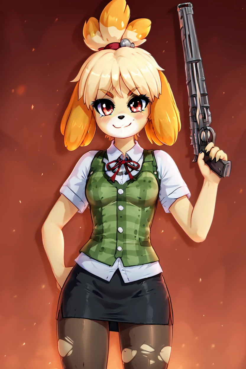 score_9, score_8_up, score_8, medium breasts, (curvy), cute, eyelashes,       BREAK, , ,,,   zzIsabelleDoom, brown eyes, topknot, dog ears, blouse, crucible (doom), demon, dog tail, double-barreled shotgun, energy sword, energy weapon, gun, hair bell, legs apart, miniskirt, multiple-barrel firearm, nintendo, pantyhose, pencil skirt, plaid clothes, red eyes, ryuusei (mark ii), sawed-off shotgun, shirt, shotgun, side-by-side-barreled shotgun, skirt, smile, sword, tail, torn clothes, torn pantyhose, weapon, white shirt, smug,  <lora:Isabelle_Doom_Slayer_PDXL:0.8>, ,,,, BREAK, smile, closed mouth, looking at viewer, cowboy shot,  ,,, embedding:zPDXL, Expressiveh, ,,, <lora:MantisStyle_PDXL_v2:0.8>, <lora:SDXLFaeTastic2400:0.5>, <lora:Expressive_H-000001:0.4>,