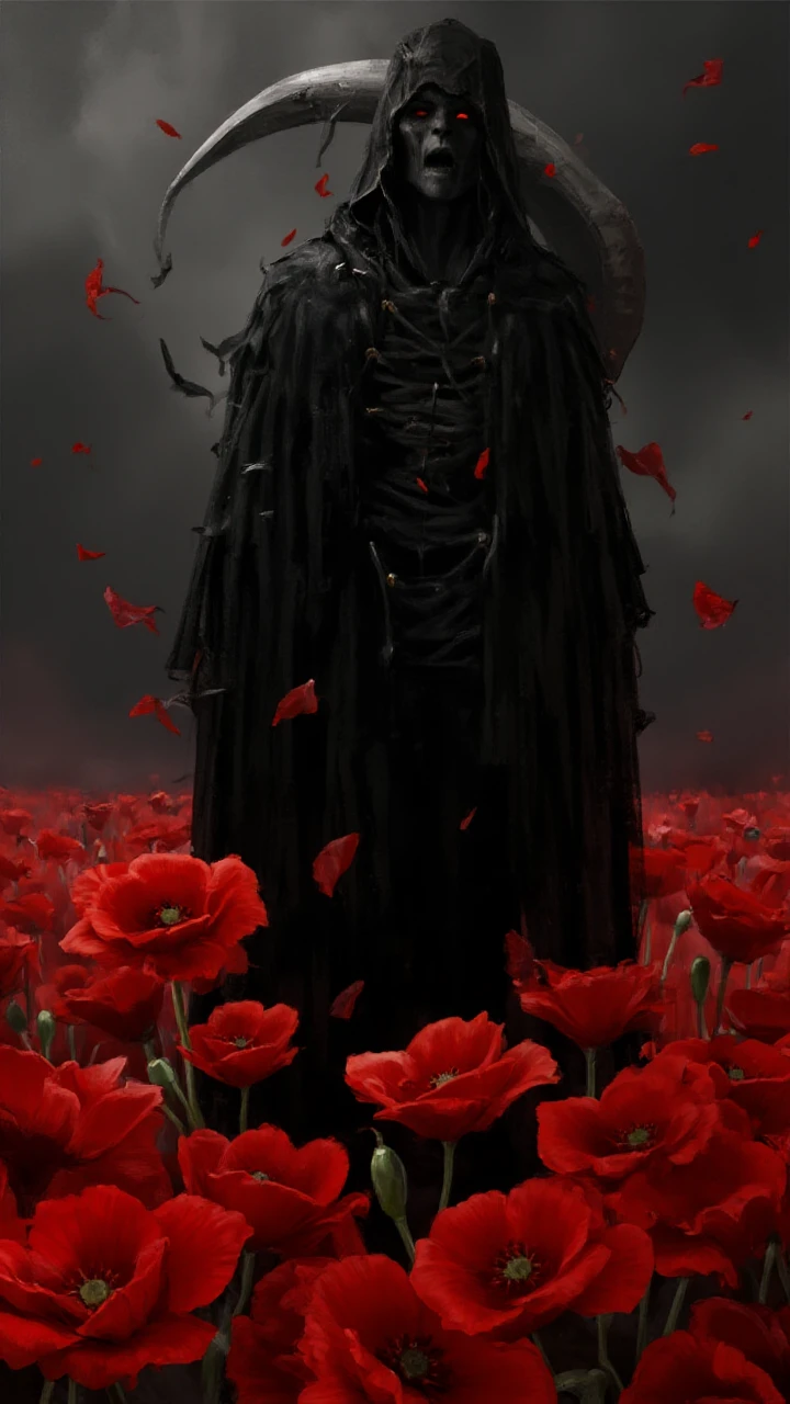 stylish portrait of a grim reaper ripped and tattered cloak in the wing, abstract surreal style. minimalist style. black, white and red colors, into the dark. field of red poppies,