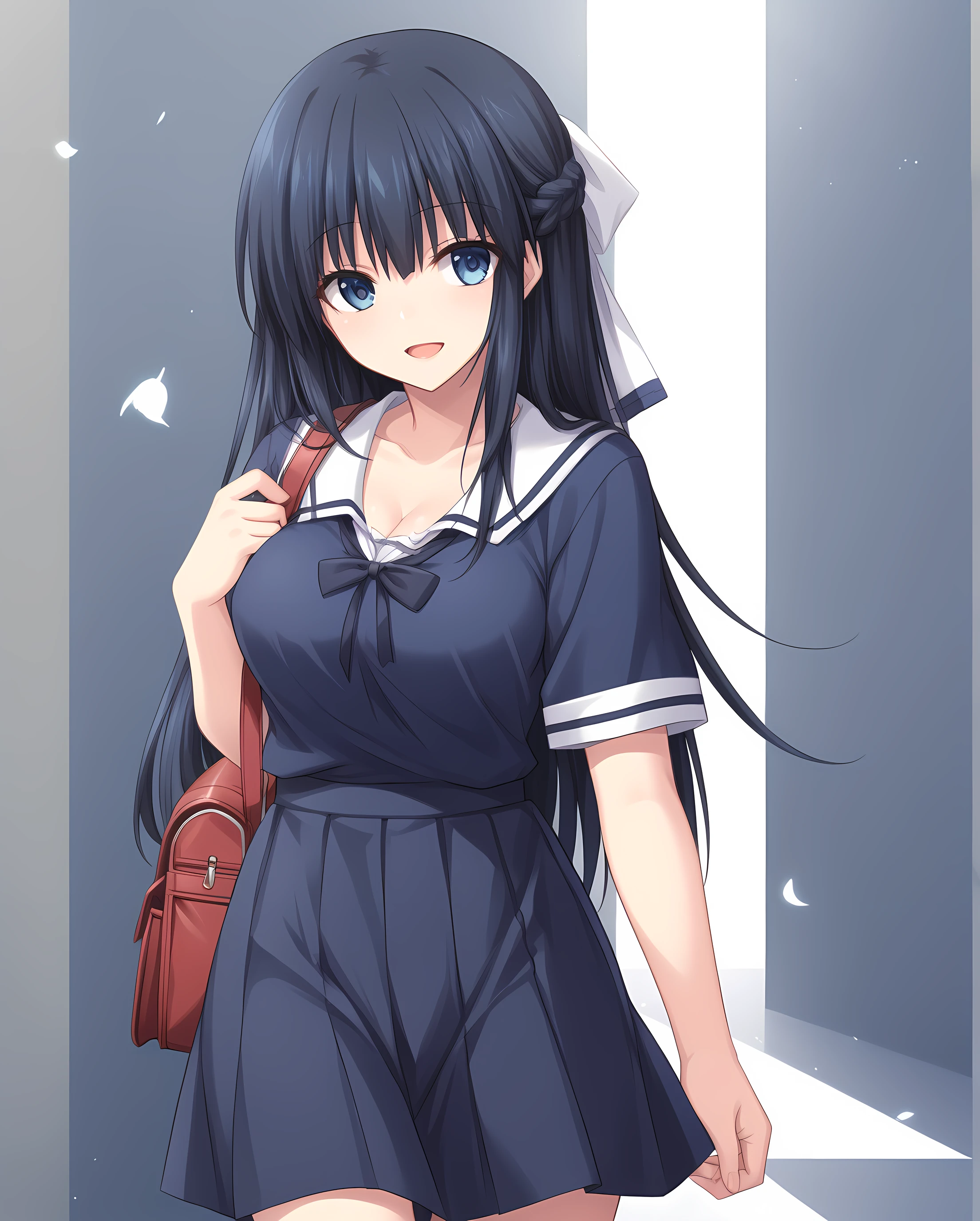 school uniform,cleavage,backpack,holding book,dress,skirt,happy,cowboy shot,walking,eushully,liselle,long hair,black hair,blue hair,large breasts,blue eyes,half updo,braid,<lora:Eushully_Liselle_Madou_Koukaku_EP10:0.85>,, score_9, score_8_up, score_7_up,source_anime,(masterpiece),(best quality),(ultra-detailed),(best illustration),(best shadow),(absurdres),(detailed background),(very aesthetic),source_anime