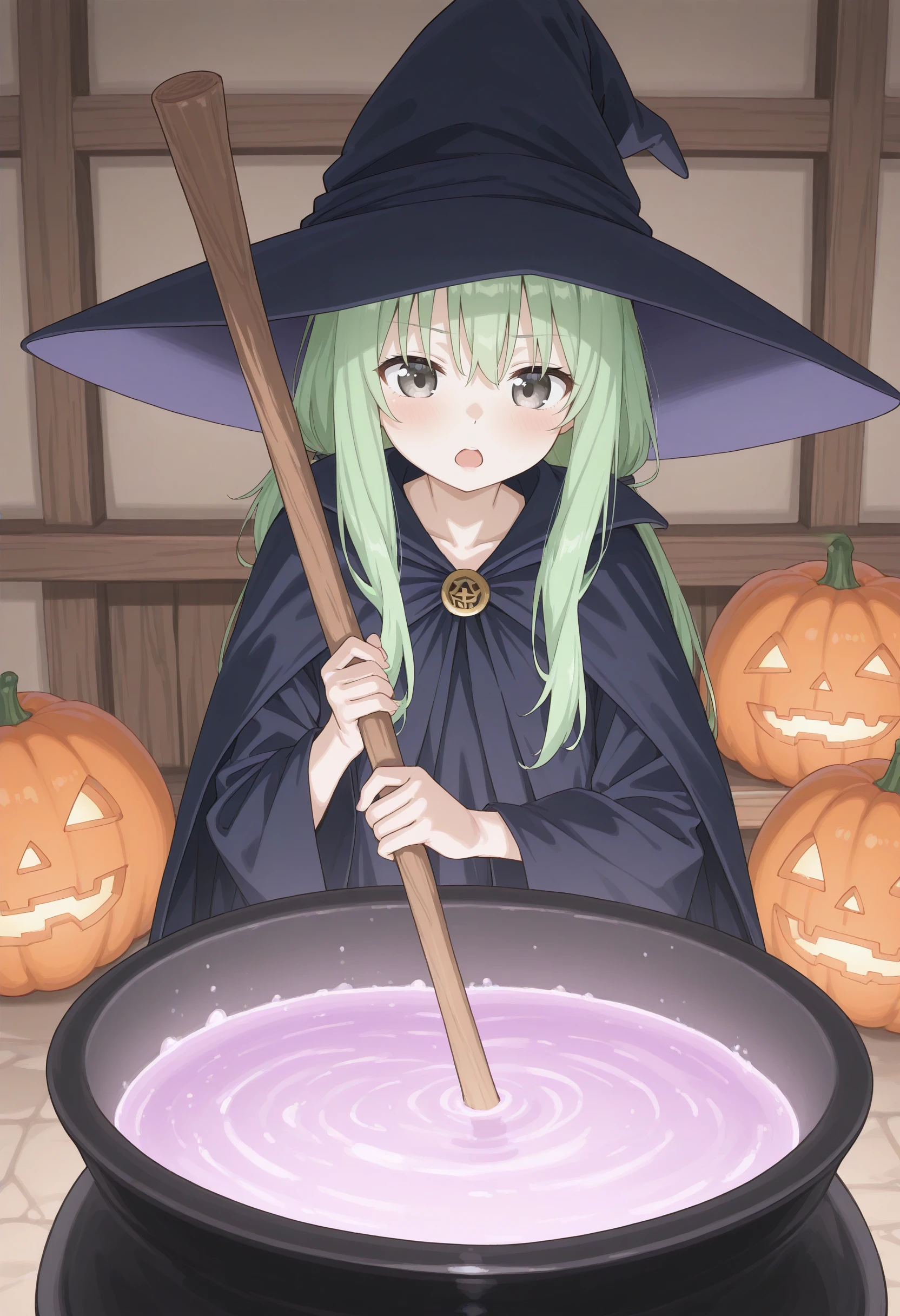 1girl,(sho \(sho lwlw\):0.7),(toosaka asagi:0.5),(sincos:0.3),solo,
masterpiece,best quality,absurdres,detailed skin,anime colored,anime screencap,official art,
stirring, cauldron, holding, witch hat, standing, witch, indoors, fire, staff , halloween ,jack-o'-lantern,halloween costume, cape,night, <lora:stirring_XL_v1:0.8>
dutch angle, upper body, looking away, green hair, gray eyes,guilt, open mouth, shiny hair,,