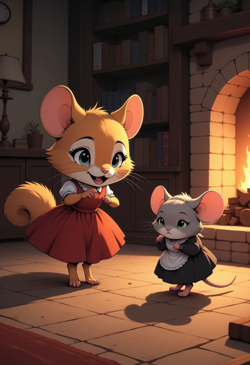 A cute pointy-eared orange cat with a fluffy tail is chasing a mouse that is dressed as an old housemaid. They are in a cozy fireplace-lit den.