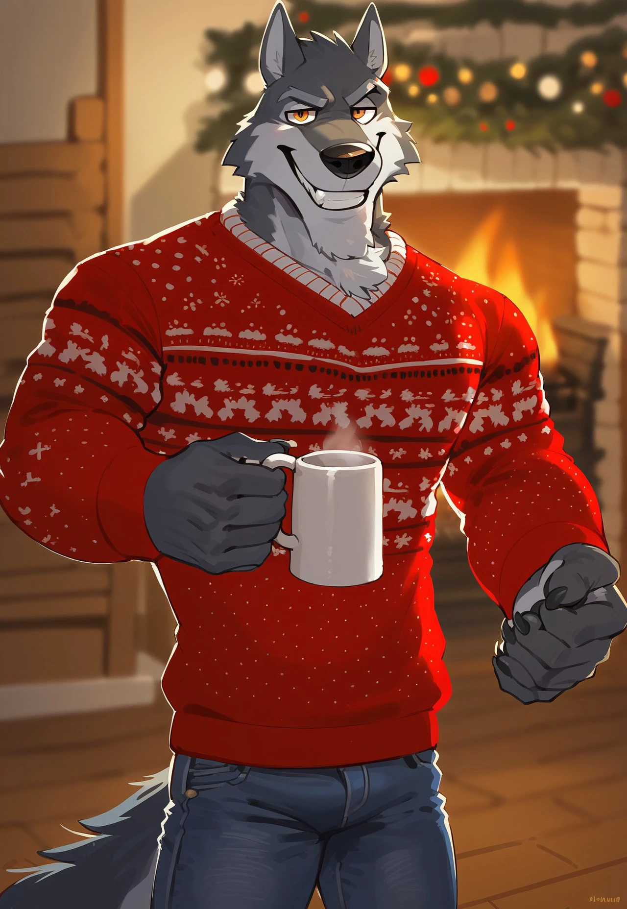 score_9, score_8_up, score_7_up, source_furry, Expressiveh, cabin, dim lighting, fireplace, blurred background, bold lines, standing, Shredder, Dark Blue Fur, Wolf, Male, Anthro, Solo, Orange Eyes, Christmas Sweater, Jeans, looking at viewer, grin, holding mug