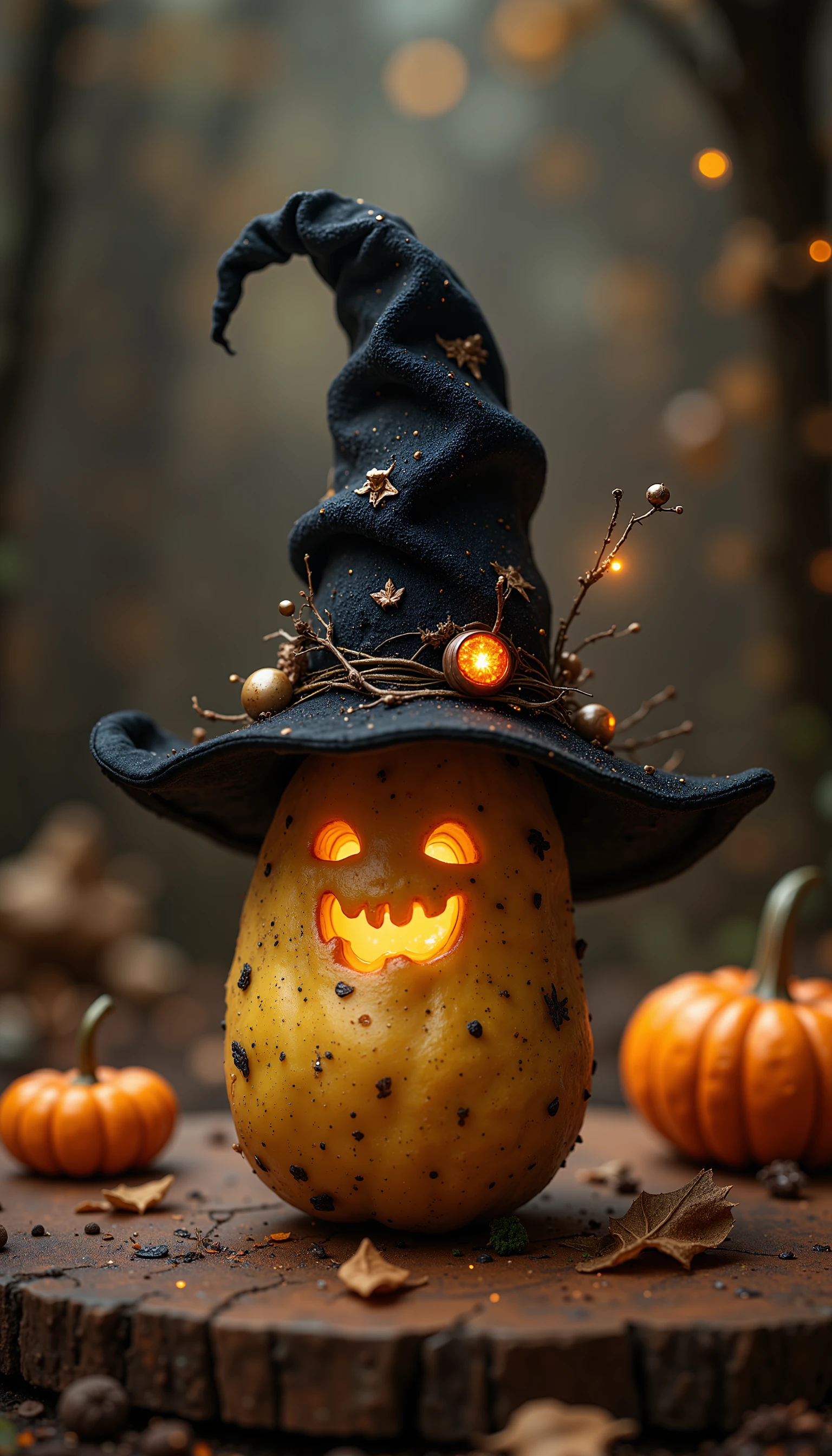 A potato wearing a witch hat in a Halloween setting, <lora:Flux_Witch_Hats_local_v1.safetensors:1.0:1.0>