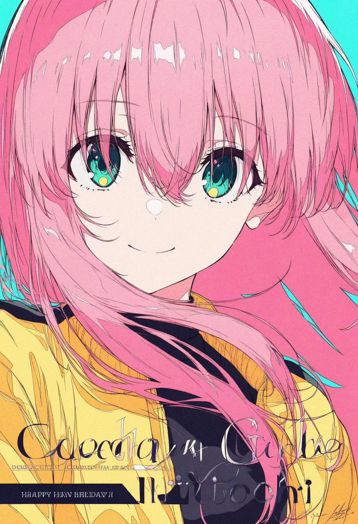 masterpiece, best quality, high contrast, absurdres, vibrant, highly detailed, ligne claire, 1girl, solo, pink hair, long hair, looking at viewer, smile, english text, simple background, jacket, aqua background, hair between eyes, signature, album cover, upper body, closed mouth, gotoh hitori, aqua eyes, yellow jacket, dated, green eyes