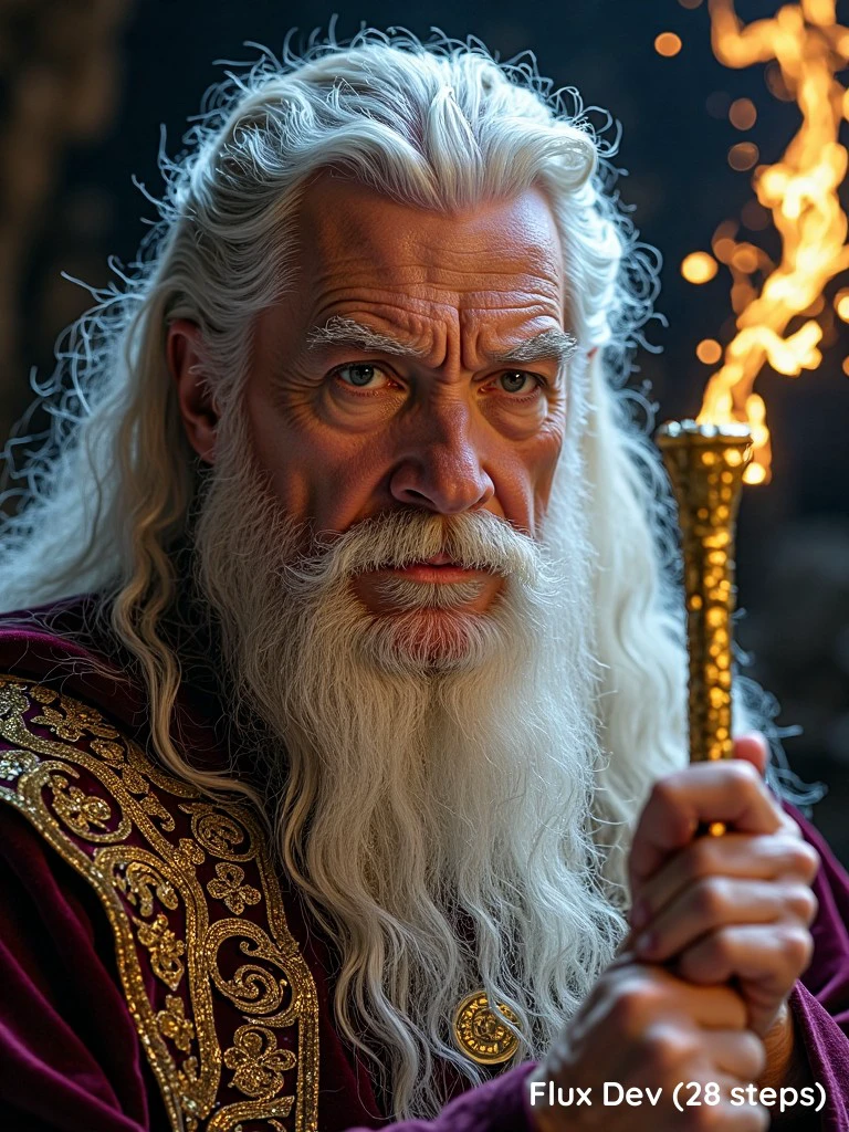 Closeup of a powerful wizard, his face illuminated by the soft glow of swirling magic. His features are majestic and sharp, with high cheekbones and a strong, chiseled jawline, framed by a flowing mane of silvery hair. His piercing eyes glow with the knowledge of countless spells, and his expression exudes calm authority. He wears a rich velvet robe adorned with intricate golden patterns, and his staff, glowing with magical runes, rests at his side. The air around him shimmers with arcane power, emphasizing his regal and commanding presence.
