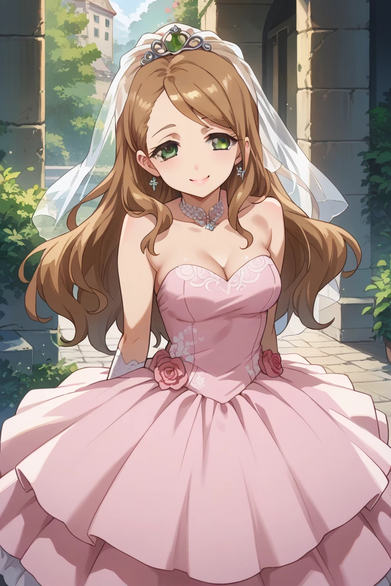 score_9,score_8_up,score_7_up,source_anime,BREAK
1girl, solo,
Kirii Futaba, long hair, brown hair, green eyes,
wedding dress, pink dress, smile