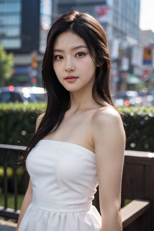 masterpiece, best quality, ultra-detailed, ultra high res, (photorealistic:1.4), raw photo, (realistic:0.2), 8k HDR, realistic cool temperature lighting, (asian:0.2), 1girl, solo, asymmetrical medium hair, outdoor, day, (city background:1.4), bokeh, (detailed lips), (detailed pores), (detailed skin textures), (detailed face:1.2), (upper body:1.2), a woman in a white strapless tube dress, promotional image, a character portrait,