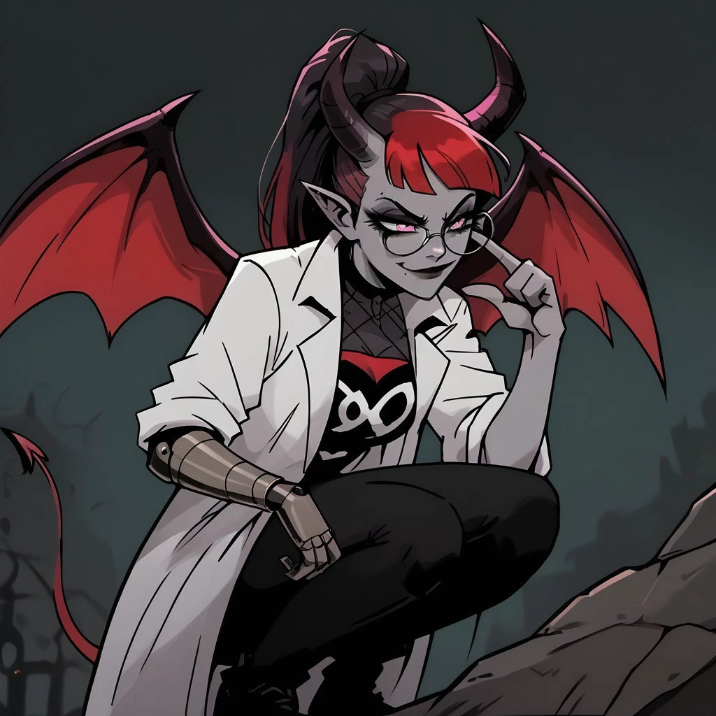 safe_pos, score_9, score_8_up, score_7_up, pureerosface_v1 BREAK, ((1 girl, grey skin, goth, goth girl, goth makeup, grey colored skin, red hair, demon girl, succubus, horns, wings, bat wings, demon wings, red wings, lab coat, coat, single mechanical arm, glasses, round glasses, ponytail, high taied ponytail, side bangs, Oneprostethicarm, pink eyes, smug, smile, closed mouth, amputee, prosthesis, prosthetic arm, medium breasts, Thinkmarkmeme, Thinkmarkmemeomniman, squatting pointing to self, pointing to self, squating, squat, solo focus, RoleOmniman))