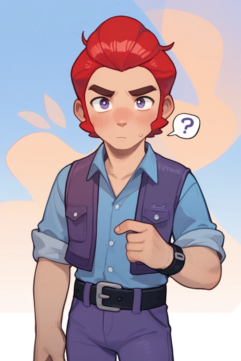 Score_9, Score_8_up, Score_7_up ,possummach, bscolt  ,1boy ,red hair, short hair, blue shirt, purple vest, belt, purple pants ,blush, confused, ???, solo, looking at viewer