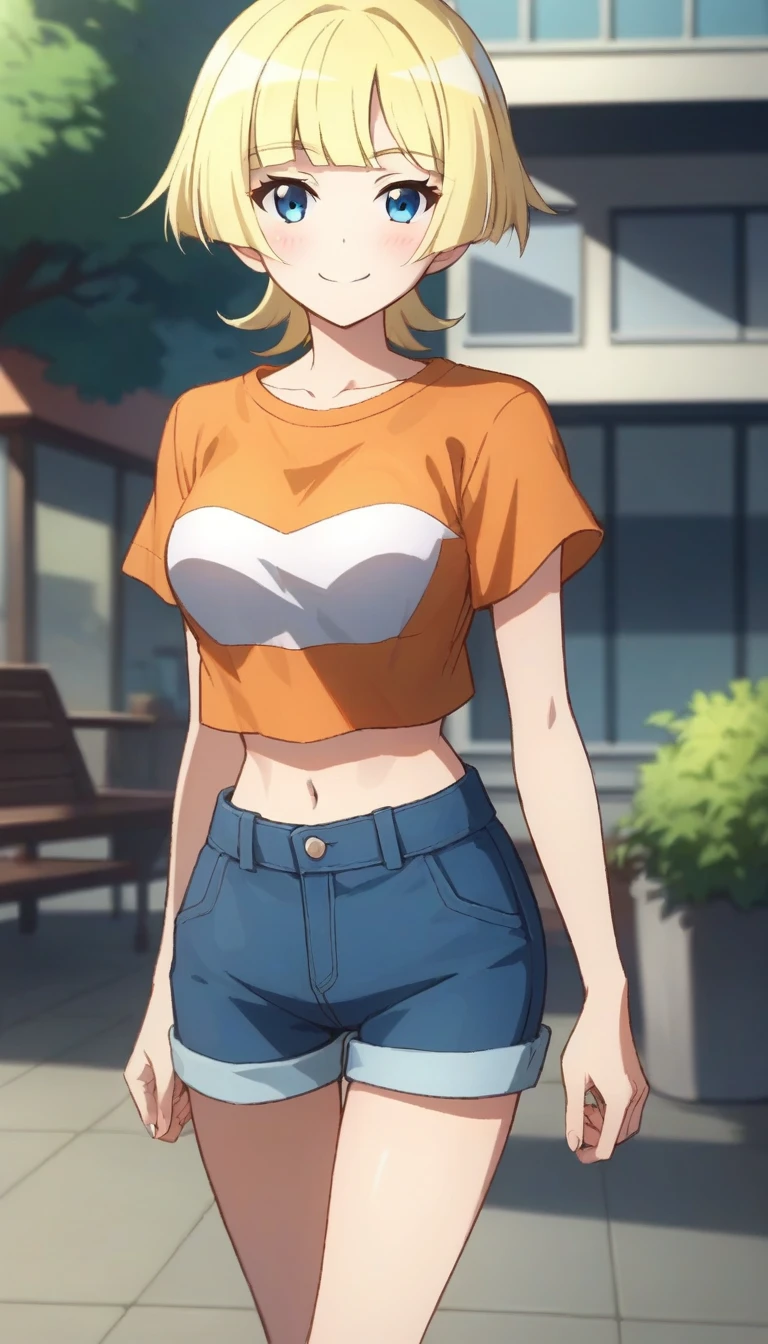 score_9,score_8_up,score_7_up,score_6_up BREAK official art,solo,outdoors,cowboy shot,looking at viewer,facing viewer,smile,blush,Emma Hanes,blonde hair,short hair,blunt bangs,blue eyes,collarbone,crop top overhang,cropped shirt,t-shirt,orange shirt,short sleeves,medium breasts,navel,blue shorts,short shorts,white socks,sneakers,<lora:Emma Hanes(dgg)-Pony:1.4>,