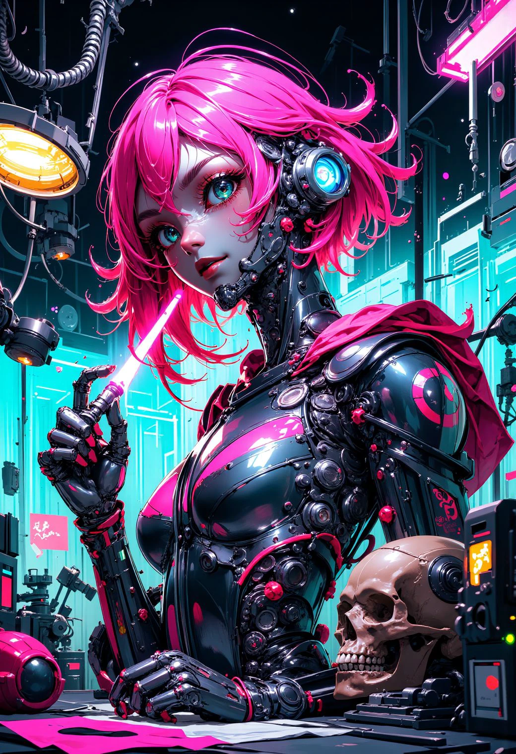 ck-ym, in the style of ck-ym, A half-body shot of a beautiful cyborg girl in her futuristic workshop looking at the viewer. She has neon pink hair cascading down her shoulders, contrasting sharply with her black lipstick. The top of her face, from under the nose to the forehead, is removed like a mask, revealing a detailed mechanical skull underneath. With intense focus, she uses a glowing soldering iron to carefully repair the cracks on a detached skull, which rests in her other hand. Her exposed robotic eye glows a brilliant blue, illuminating the intricate cybernetic components beneath the skull. The workshop is cluttered with futuristic tools, wires, and neon-lit gadgets, all bathed in vibrant cyberpunk hue, electric pinks, deep blues, and fluorescent greens. The neon light reflects off her sleek metallic parts, casting dynamic shadows, while the scene radiates a blend of gritty industrial and high-tech futurism. The art style is highly detailed, in the vein of futurist anime, capturing the beauty of the cyborg girl and the mechanical complexity of her exposed skull.   <lora:ck-yoneyama-mai-000017:1>