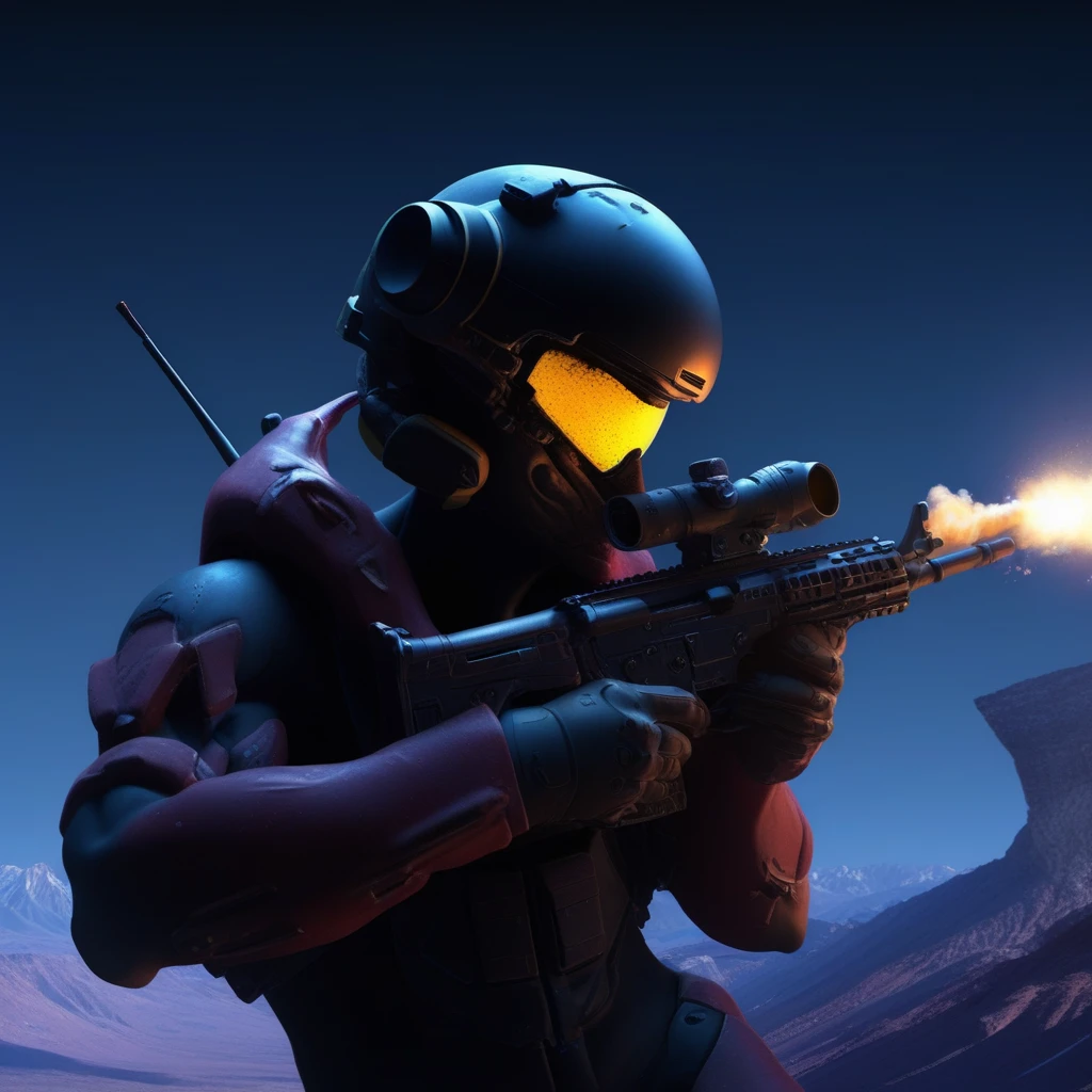 black background, 2boys, smoking gun, Headwear removed, freckles, helmet, looking at viewer, assault rifle, rifle, solo, cockpit, clenched hands, mountain, bodysuit, gradient background, glowing, from behind, firing, spacecraft, bullpup