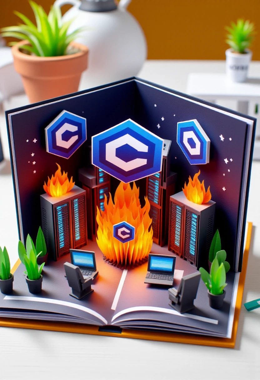 <lora:Pop-up_Book_Papercraft_Plotter_FLUX:1.1> <lora:civitaiLogoFlux:1>
The image is a highly detailed, vibrant, photograph of a scene from a pop-up book, featuring a server room scene with servers on fire, and civitaiLogo on all the computers