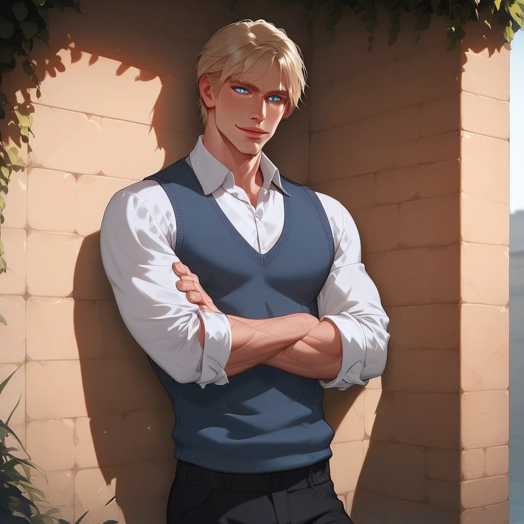 handsome, blue eyes, grey vest, white shirt, blond hair, muscular, attractive