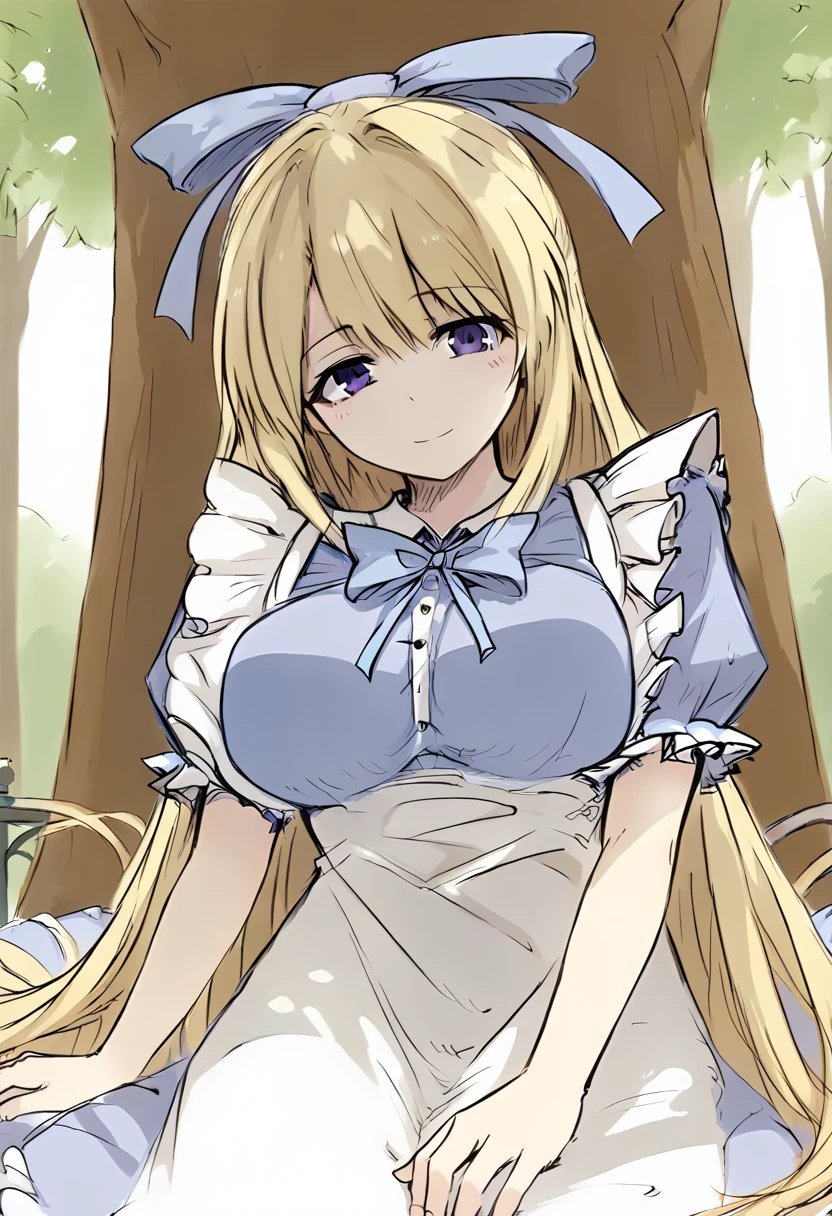 score_9, score_8_up, score_7_up, source_anime, AliceMotherBS2, 1girl, blonde hair, long hair, breasts, solo, smile, large breasts, bow, tree, hair bow, blush, looking at viewer, apron, purple eyes, dress, short sleeves, very long hair, blue eyes, sitting, ribbon, blue bow, blue dress, closed mouth, <lora:Alice Mother BS2 xl pony:1>