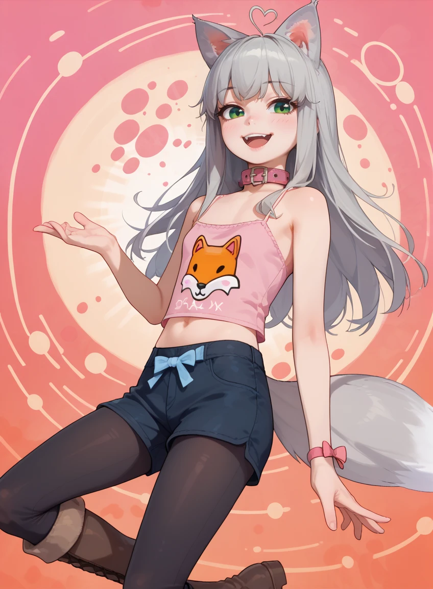 score_9, score_8_up, score_7_up,  (abstract:2) (abstract background) animal ears, grey hair, long hair (hidden ears) tail, green eyes, collar, small breasts, flat chest, pink camisole, midriff, navel, shorts, black pantyhose, boots, brown boots <lora:KitLora:0.8> smile, happy,