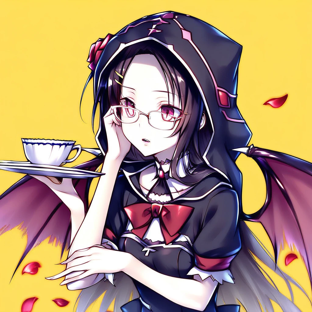 3lm3nh1ld3k4rnst31n, Elmenhilde Karnstein, Elmenhilde Karnstein (high school dxd), standing, hood, necklace, parted lips, collarbone, yellow background, saucer, street, upper body, pale skin, brown background, petals, red bowtie, vampire costume, hair flower, hands up, short dress, detached collar, open mouth, glasses, rose, wings, black hair, very long hair, pink eyes, head rest, detached sleeves, barefoot, blue background, short sleeves, hairclip, shiny, thighs, long sleeves, white shirt