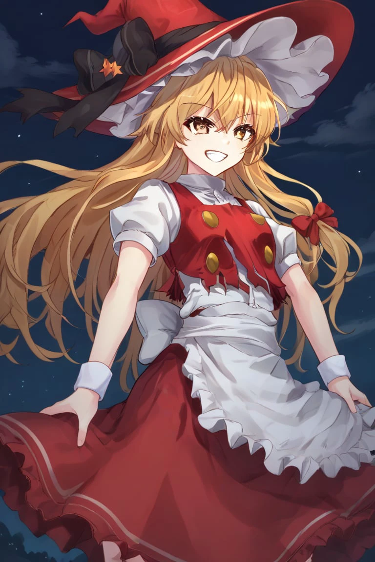 1girl, solo, marisawosd, blonde hair, long hair, yellow eyes, witch hat, hair bow, hat bow, white shirt, short sleeves, puffy sleeves, red vest, torn vest, buttons, wrist cuffs, waist apron, red skirt, standing, hands on hips, smile, grin, sky, night