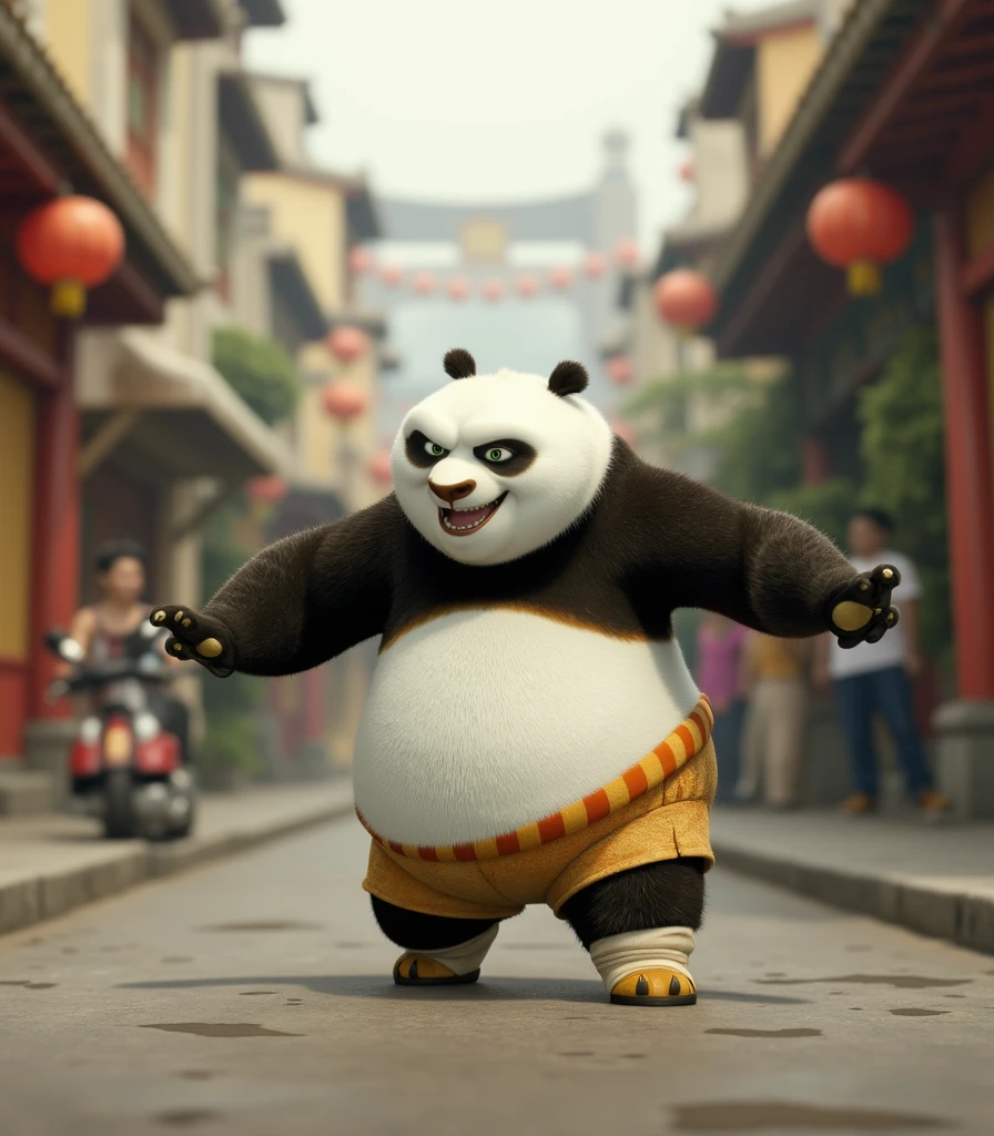 Po character Kung Fu Panda,Po,Happy and playful,street background,