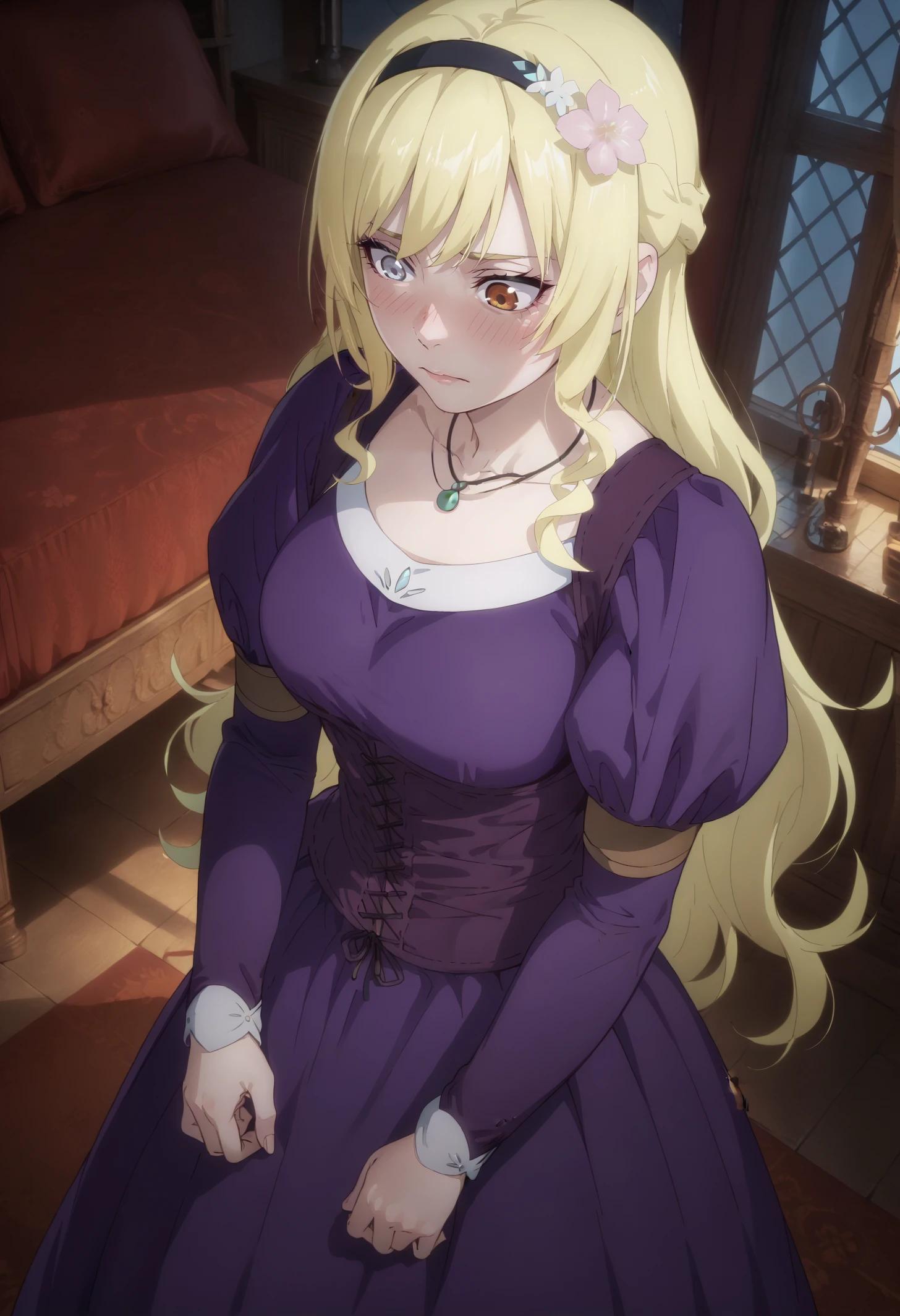 score_9, score_8_up,
1girl, <lora:Acerola_OffSeason_PDXL:0.9>, 1girl, purpacerola, blonde hair, heterochromia, hair ornament, hair flower, necklace, black hairband, purple dress, underbust, corset, juliet sleeves,
shy, blush, looking down, from above,
indoors