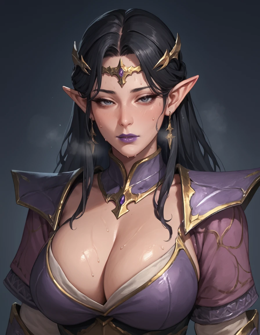 score_9, score_8_up, score_7_up, source_cartoon,
druchiiconscript, armor, circlet, black hair, long hair, pointy ears,
cleavage, mature female, curvy, sweat, in heat,
looking at viewer, lidded eyes, purple lips,
<lora:DruchiiConscript_PonyXL:0.8>