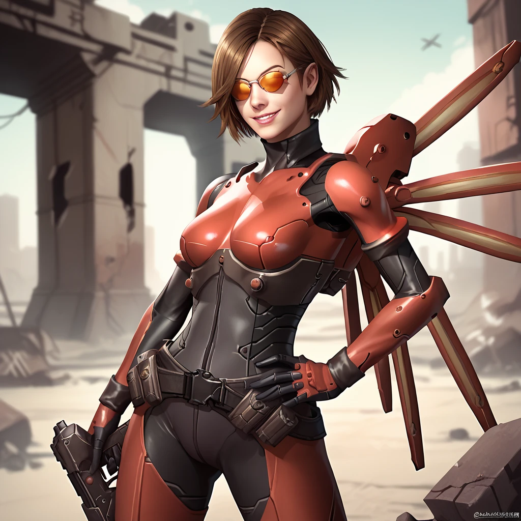 score_9, score_8_up, score_7_up, 1girl, solo, uncensored, vanessaschneider, smile, confident, holding gun, hand on hip, short brown hair, mechanical wings, red bodysuit, skin tight, science fiction, sunglasses, tinted eyewear, outdoors, wasteland, ruins <lora:VanessaSchneiderXL_v1.0:1>