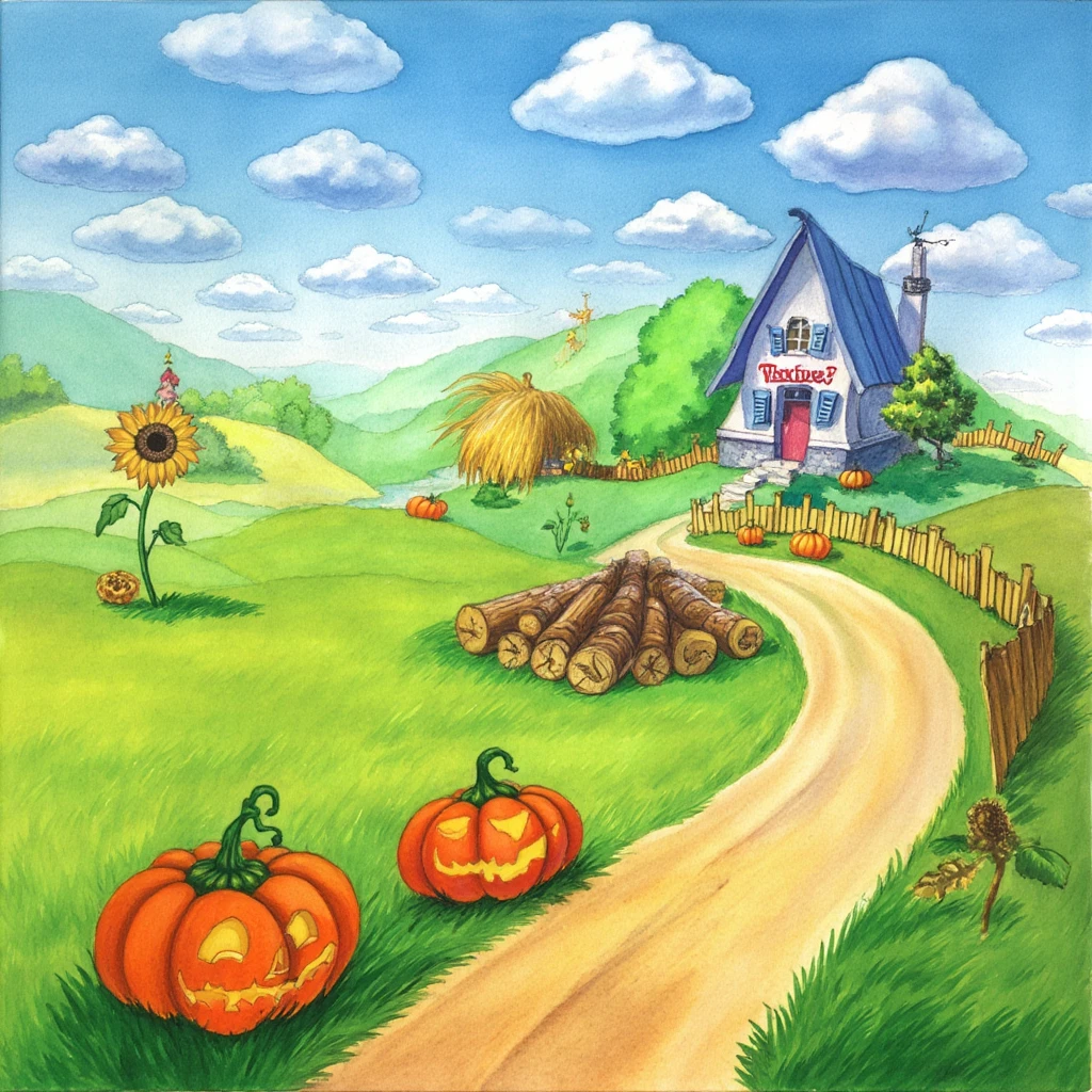 The PIVIG image style. This is a detailed, vibrant watercolor painting of a serene cartoon-style illustration depicting a fantasy scene. The foreground features a winding, sandy dirt path that curves through the scene, surrounded by lush green grass and dotted with three large carved jack-o-lanterns with glowing eyes. The jack-o-lanterns are located at the bottom center and on the sides of the path.

In the middle ground, a small, whimsical hill is adorned with a pile of brown stacked logs and a single tall sunflower with a bright yellow face, adding to the festive atmosphere. To the right, a quaint, rustic cottage with a blue roof and a thatched chimney sits among the hills. The cottage has a whimsical, cartoonish look with exaggerated features like a high, pointed roof and a small window with blue shutters.

In the background, the landscape is more composed of hills, trees, and a wooden slat fence. The sky is a bright blue with fluffy white clouds scattered throughout, adding to the sunny, cheerful atmosphere. The scene is filled with a sense of whimsy and fun, perfectly capturing the essence of the countryside.