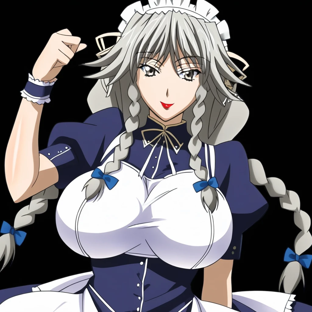 gr4yfi4luc1fug3, Grayfia Lucifuge ,Grayfia Lucifuge (high school dxd), 1girl, solo, long hair, breasts, looking at viewer, smile, large breasts, braid, grey hair, apron, twin braids, wrist cuffs, grey eyes, maid, maid headdress, makeup, lipstick, black background, izayoi sakuya