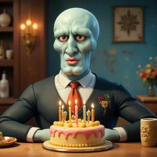 a photo of Handsome-Squidward sitting at a table with a birthday cake in front of him