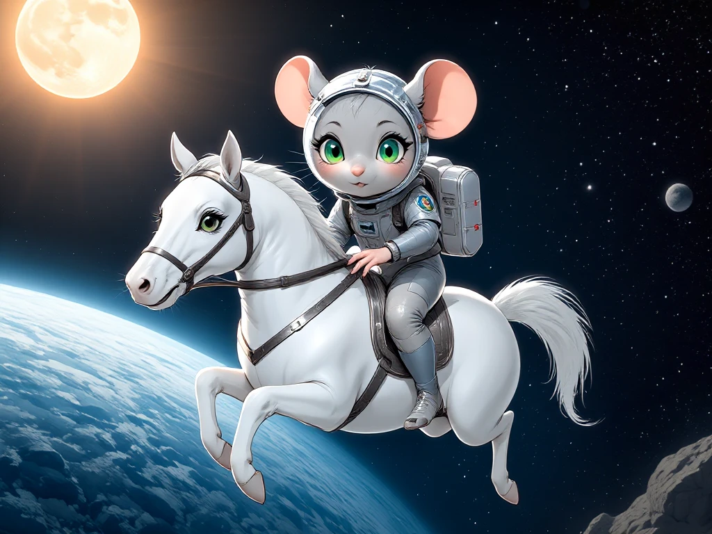 (real photo, realistic lighting, real:1.15), (whiskers of a mouse:0.6)

(wearing a space-suit in outer space, glass helmet, mounting a white horse floating:1.4). (green eyes, blue hair ornaments, short grey hair:1.05)

(grey anthro mouse lady, grey fur, furry, cute big eyes, small waist, full body view, big breasts, mature lady.:0.8)

(abstract outer space, earth, moon, sun, stars, nebula:0.72)