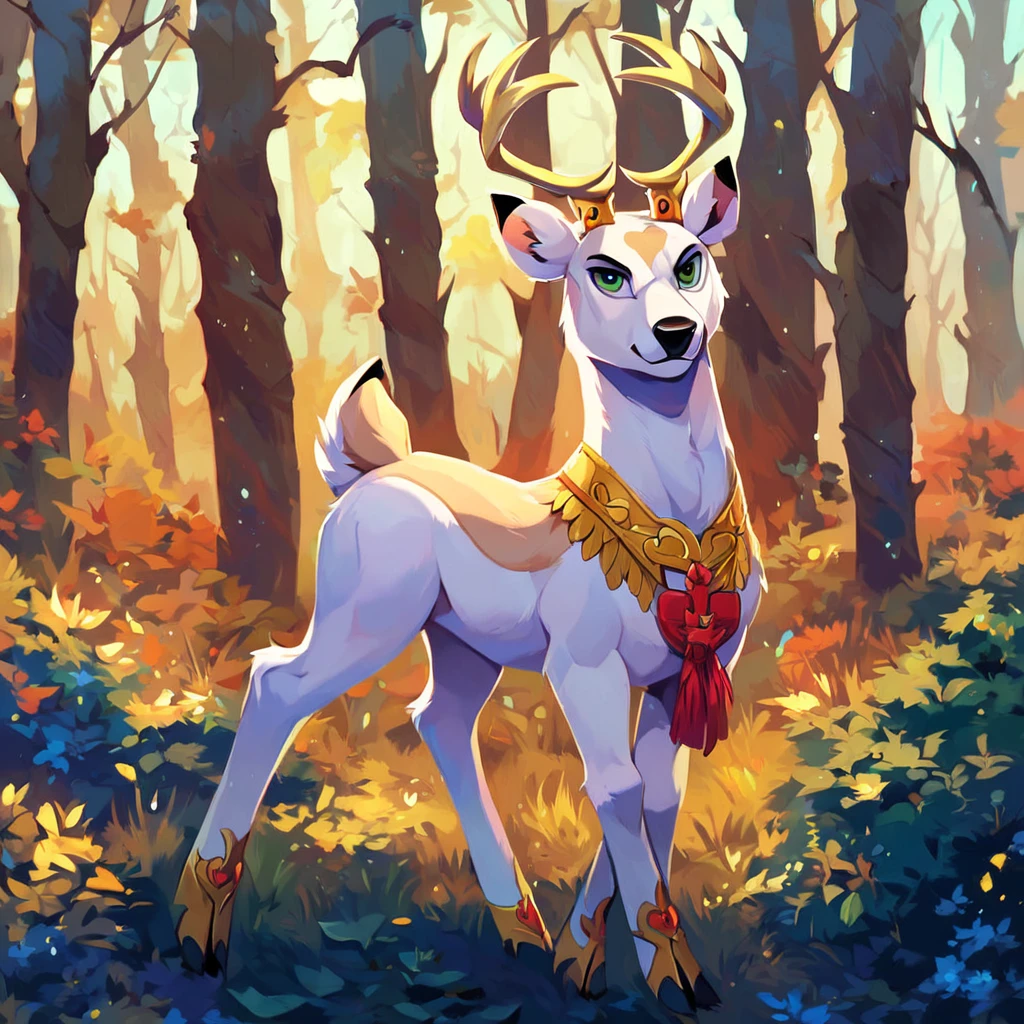 score_9_up, score_8_up, score_7_up, score_6_up, king aspen, deer, full body, solo, male, forest background, trees, looking at viewer, white fur, masterpiece, character focus, best quality