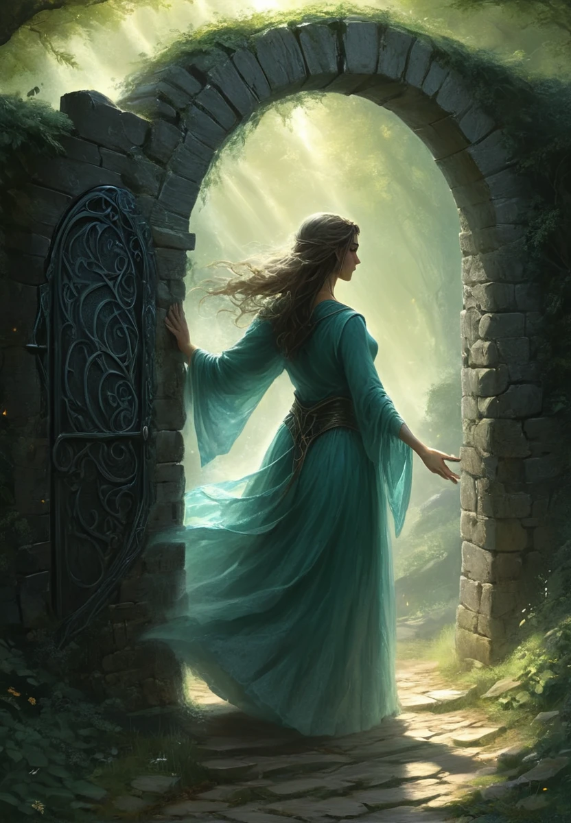 Moiraine, standing by a Waygate, weaves a delicate spell of spirit and air to open the ancient portal, the air shimmering as the stone gates swing open, revealing the dark paths of the Ways beyond. <lora:artfullyWOT1PWR:1>, artwot1pwr,