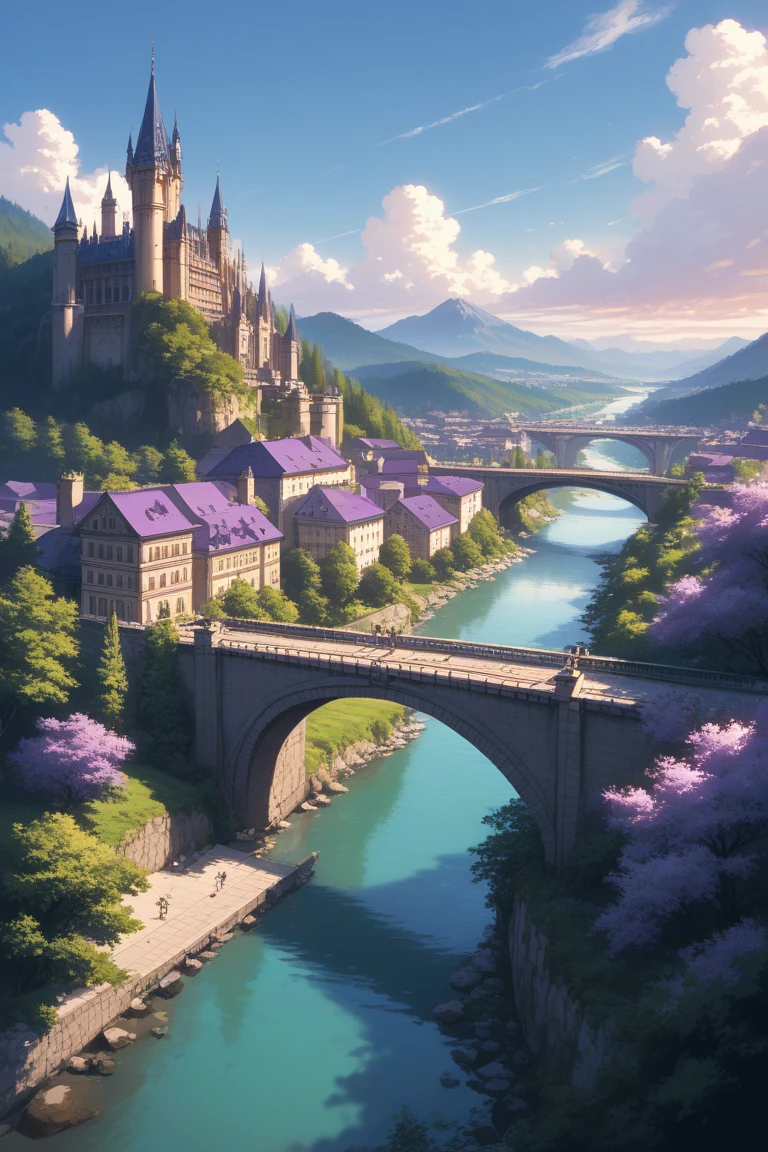 score_9, score_8_up, score_7_up, source_anime, rating_safe, day, natural lighting, bridge focus, CandiBRIDGE, no humans, mountain, water, tower, castle, bridge, purple trees, from above, negative space, scenery, intricately detailed illustration, depth of field, atmospheric perspective, purple theme, monochrome, selective coloring