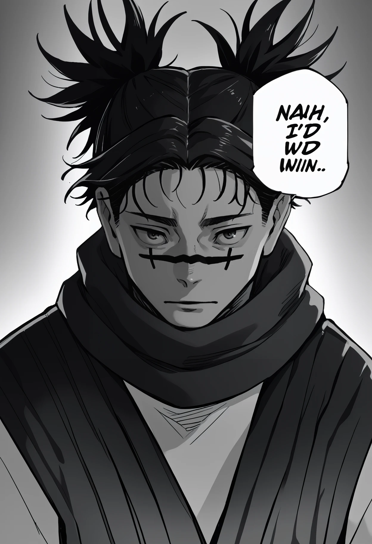 score_9, score_8_up, score_7_up, source_anime, <break> nahidwin, speech bubble, english text, monochrome, greyscale, portrait, solo, male focus, 1boy, choso, looking at you, facial tattoo, short hair, black hair, short twintails, japanese clothes, black scarf
<segment:yolo-face_yolov8m.pt,0.4,0.5//cid=1>