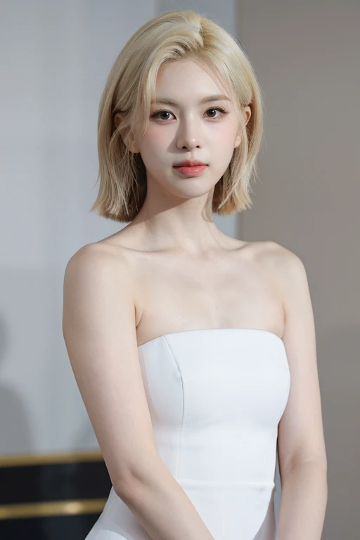 masterpiece, best quality, ultra-detailed, ultra high res, (photorealistic:1.4), raw photo, (realistic:0.2), 8k HDR, realistic cool temperature lighting, (asian:0.2), 1girl, solo, asymmetrical blonde hair, indoor, day, (simple background:1.2), bokeh, (detailed lips), (detailed pores), (detailed skin textures), (detailed face:1.2), (upper body:1.2), a woman in a white strapless tube dress, promotional image, a character portrait, thigh gap,